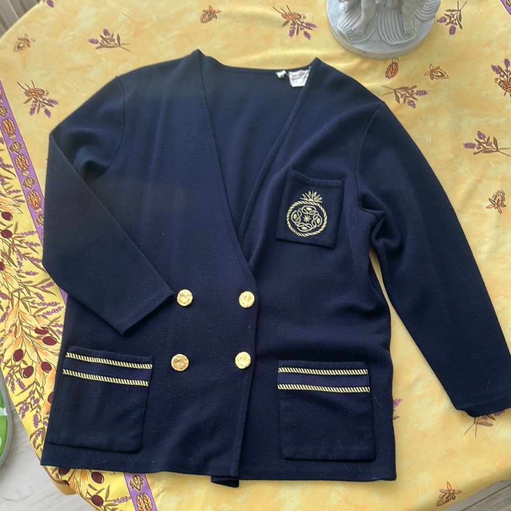 Elegant Navy Women's Blazer with Gold Accents
